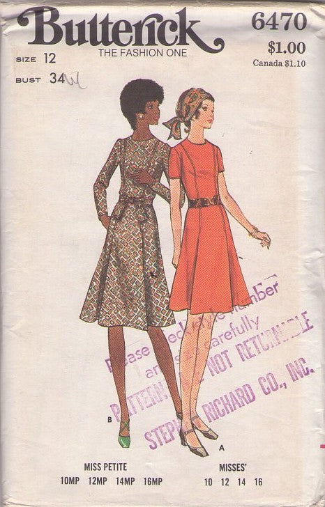 Butterick 6470 Vintage 70's Sewing Pattern Secretary Dress, Mod Pleated Panel Front, X Cross Belt Carriers 2 Styles Size 12