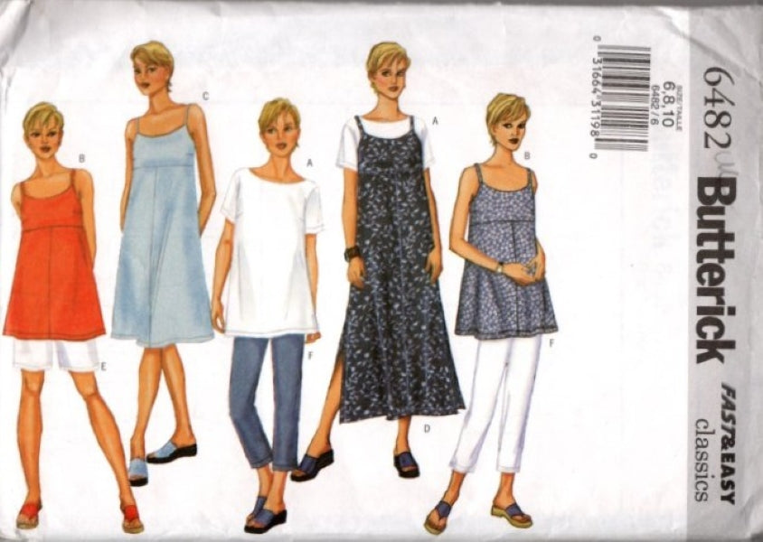 Butterick 6482 Retro 2001 Sewing Pattern Fast & Easy Classics Bump Friendly Dress, Jumper, Flared Sun Top, Tshirt Tee Size 6-10