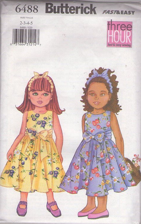 Butterick 6488 Retro 2000 Sewing Pattern Girl's Summer Dress, Headband, Fast & Easy, Garden Party Size 2-5