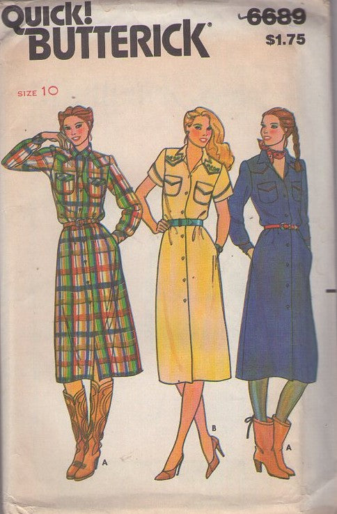 Butterick 6689 Vintage 70's Sewing Pattern Western Dress, Cowgirl, Front Buttoned Dress, Pockets, Shaped Shoulder Yoke, Embroidery Applique Trim 2 Styles Size 10