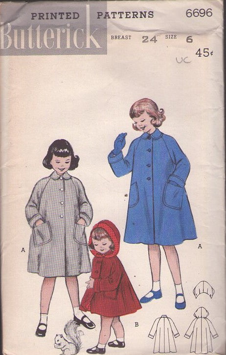 Butterick 6696 Vintage 50's Sewing Pattern Girls' Coats, Raglan Sleeve, Flared Swing Back Jacket, Coat, Drooped Detachable Hood Hat, Pockets Size 6