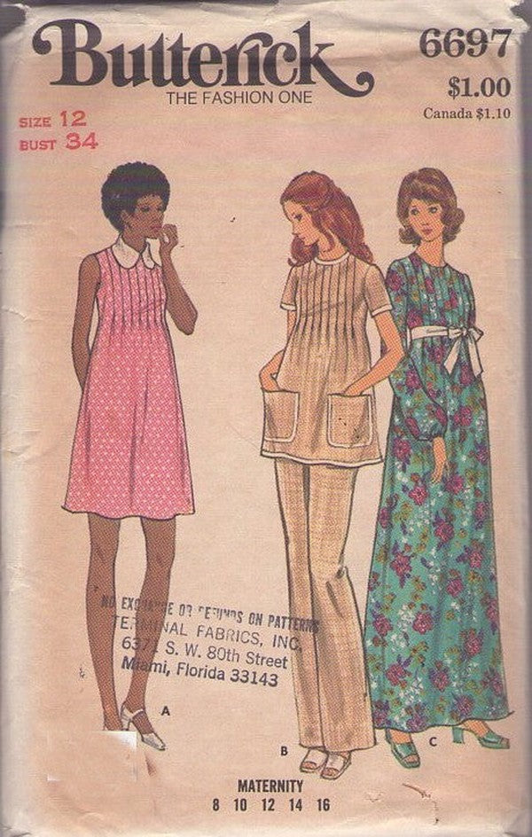 Butterick 6697 Vintage 70's Sewing Pattern Mod Bump Friendly Dress, Tunic Top, Pants, Hostess Gown, Pleats Size 12