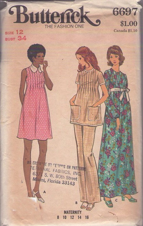 Butterick 6697 Vintage 70's Sewing Pattern Mod Maternity Dress, Tunic Top, Pants, Hostess Gown, Pleats Size 12