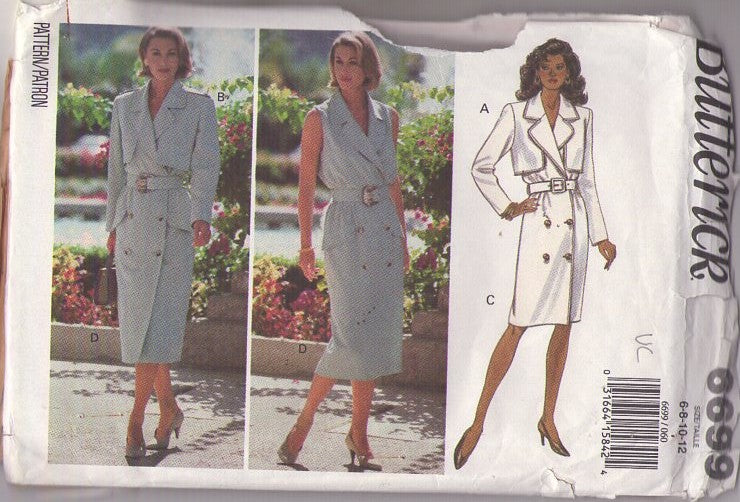 Butterick 6699 Retro 90's Sewing Pattern Career Dress, Jacket, Front Wrap, Double Breasted, Slim Fit Secretary Dress, Cropped Bolero Jacket & Belt Size 6-12
