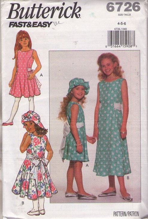 Butterick 6726 Retro 90's Sewing Pattern Girls' Summer Dress Set, Fast and Easy Sun Hat, Tie Back Sleeveless Dress, 2 Styles Size 4-6