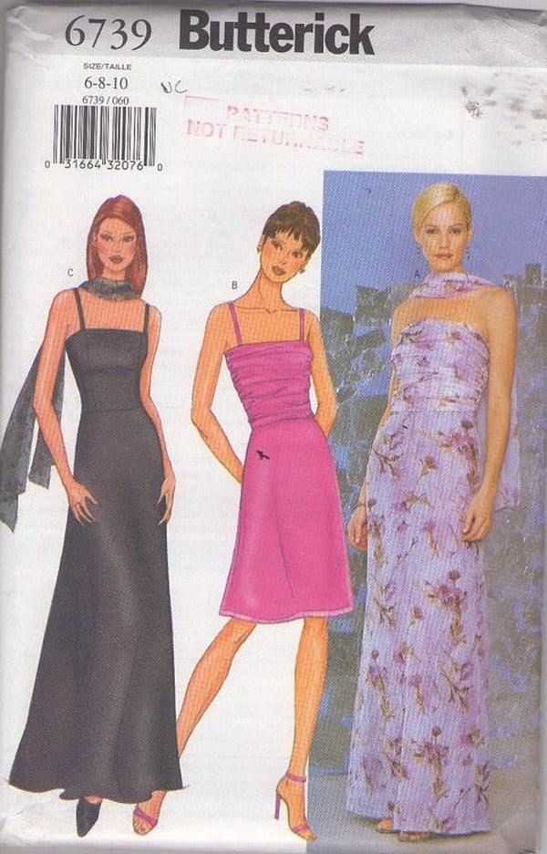 Butterick 6739 Retro 2000 Sewing Pattern Ruched Evening Gown, Strappy or Strapless Prom Party Dress Set Size 6-10