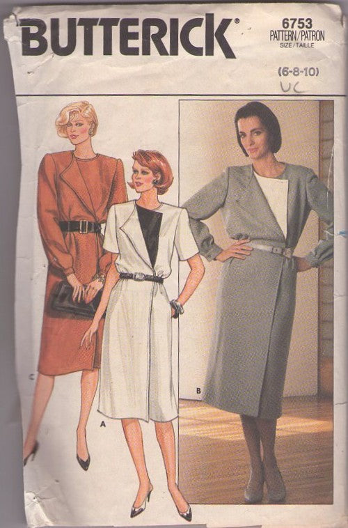 Butterick 6753 Retro 90's Sewing Pattern Mock Wrap Skirt Dress, Foldover Triangular Front Secretary Dress 3 Styles Size 6-10 UNCUT