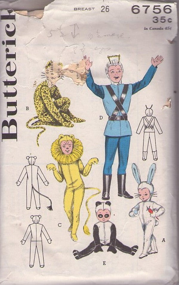 Butterick 6756 Vintage 50's Sewing Pattern Halloween Costumes, Leopard, Jaguar Cat, Ruff Necked Lion, Panda Bear, Big Eared Bunny Rabbit & B-Movie Space Man with Boots Size 6-8
