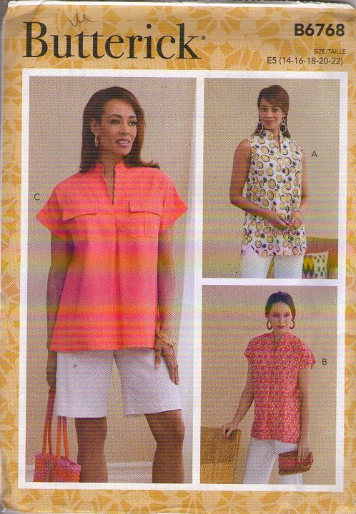 Butterick 6768 Retro 2020 Sewing Pattern Blouse, Shirt, Cap Sleeve, Summer Pullovers, 3 Styles Size 14-22