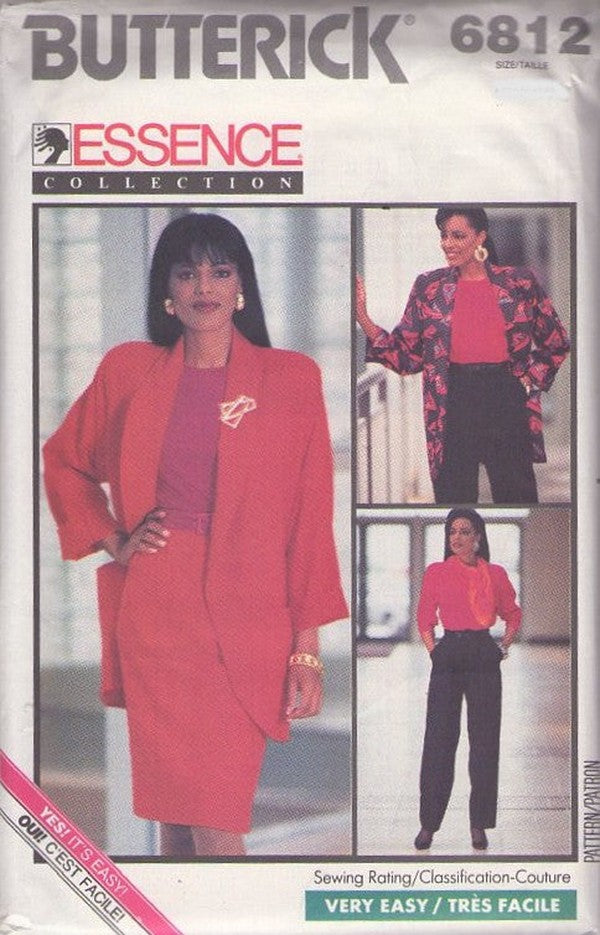 Butterick 6812 Vintage 80's Sewing Pattern Easy Career Separates, Oversized Boyfriend Blazer Jacket, Top, Skirt, Pants Size 6-10