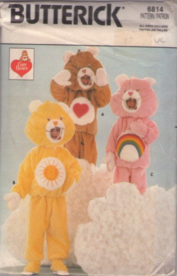 Butterick 6814 Vintage 80's Sewing Pattern Character Costumes, Official Care Bears Sunshine, Rainbow, Heart Mascot Style Stuffed Head, Pants, Raglan Top, Mittens, Tie On Feet Size Child S-L