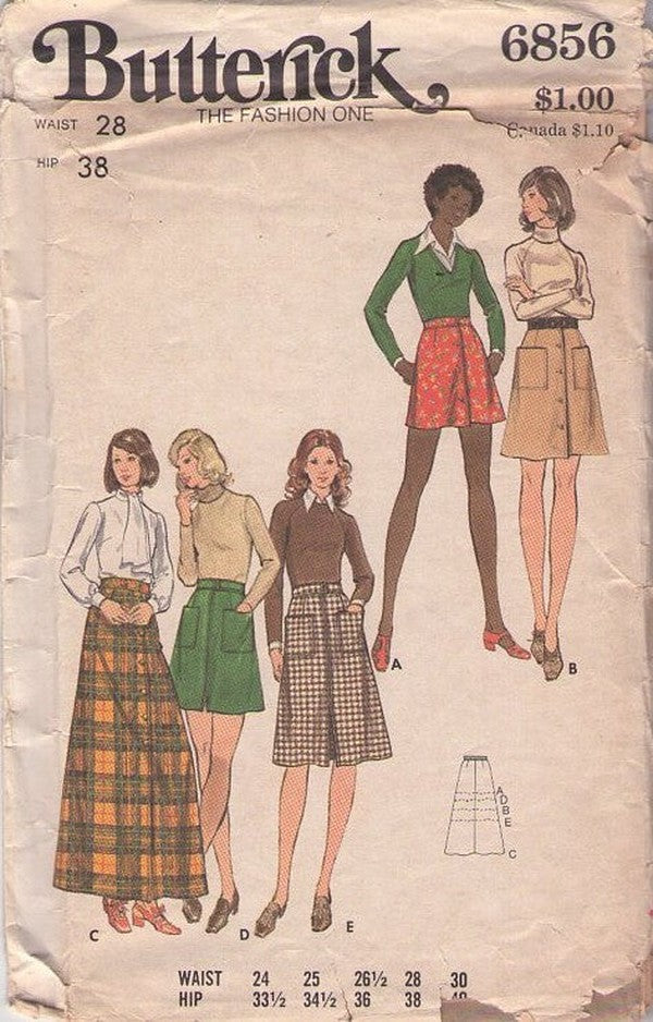 Butterick 6856 Vintage 70's Sewing Pattern Mod Skirts, Multi Lengths, Front Buttons or Zipper Skirt Set, Secretary & Daytime Styles Waist 25