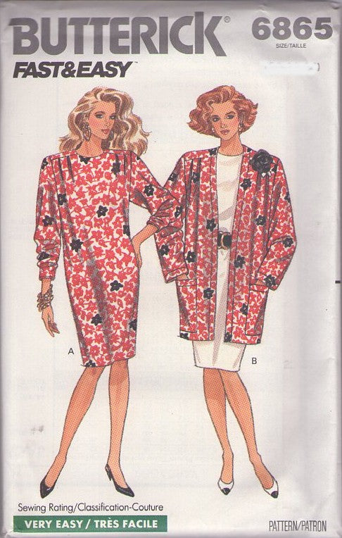 Butterick 6865 Vintage 80's Sewing Pattern Secretary Dress & Coat, Fast & Easy, Straight Fit, Shoulder Pleats Secretary Dress & Oversized Coat, Jacket Size 8-12