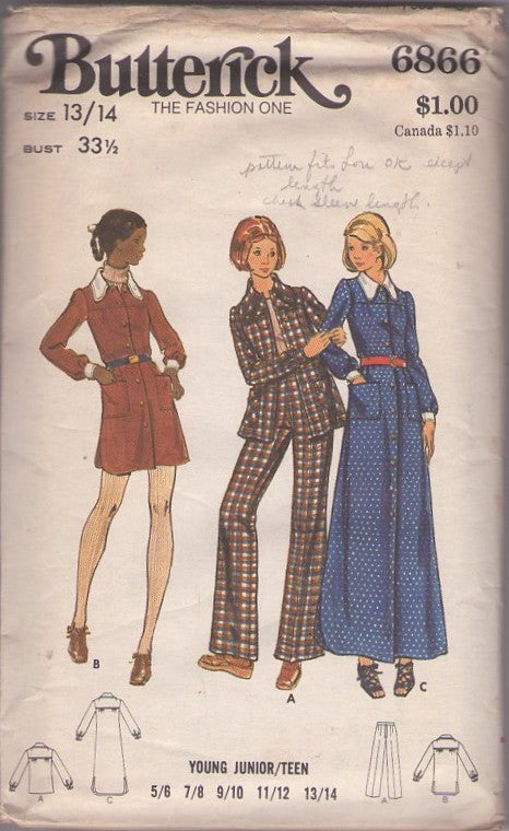 Butterick 6866 Vintage 70's Sewing Pattern Mod Separates, Round Collar Button Front Mini Coat Dress, Shirtdress, Maxi Gown, Shirt Jacket & Pants Size 13/14