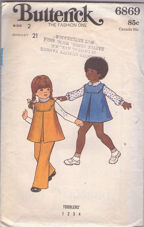 Butterick 6869 Vintage 70's Sewing Pattern Girls' Separates, Shaped Button Trim Yoked Inverted Front Pleat Jumper, Dress, Pants Size 2