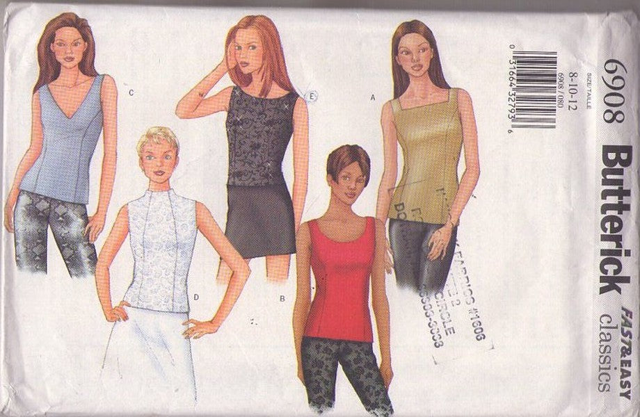 Butterick 6908 Retro 2000 Sewing Pattern Summer Top, Pullover Fitted Princess Seams Shirts, Evening or Casual, 5 Styles Size 8-12
