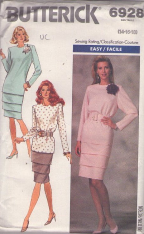 Butterick 6928 Vintage 80's Sewing Pattern 2 Piece Dress, Tiered Columns, Easy Secretary Office Party 2 Piece Dress, Layered Tiers Skirt, Long Over the Hips Blouse Size 14-18