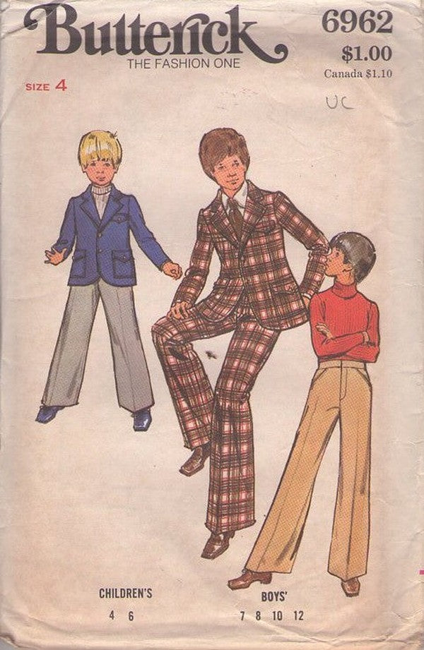 Butterick 6962 Vintage 70's Sewing Pattern Boys' Leisure Suit, Napoleon Dynamite Blazer Jacket, Fly Front Pants Size 4