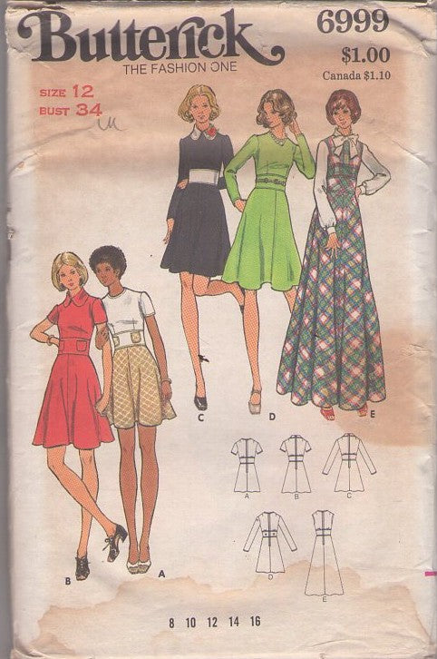 Butterick 6999 Vintage 70's Sewing Pattern Mod Dress Set, Space Age, Wide Cinched Midriff, Flared Skirt Secretary Office Party Dress, Hostess Maxi Gown 5 Styles Size 12