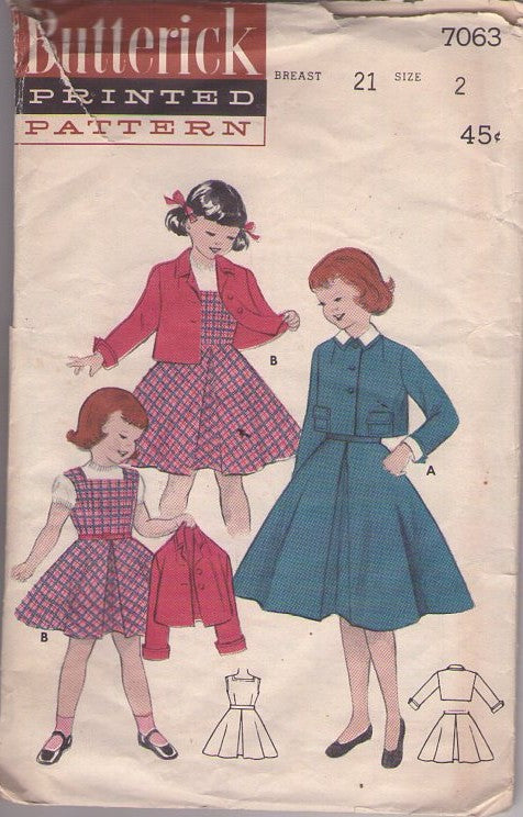 Butterick 7063 Vintage 50's Sewing Pattern Girls' School Set, Square Neck Full Skirt Jumper, Dress, Cropped Jacket, Skirt Size 2