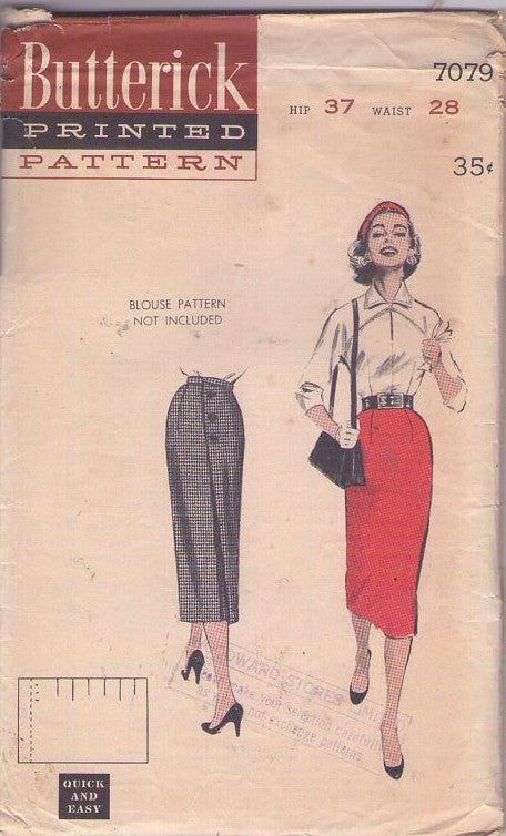 Butterick 7079 Vintage 50's Sewing Pattern Day Skirts, Rear Button Interest Slim Sheath Secretary Skirt Size 28