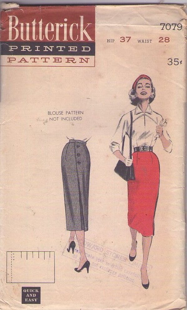 Butterick 7079 Vintage 50's Sewing Pattern Day Skirts, Rear Button Interest Slim Sheath Secretary Skirt Size 28