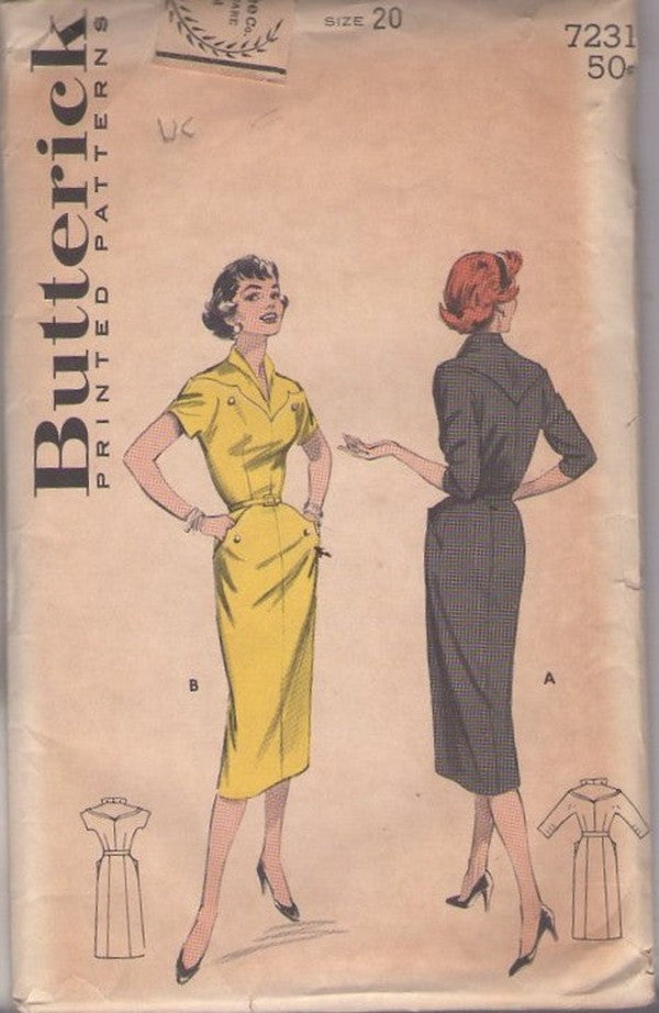 Butterick 7231 Vintage 50's Sewing Pattern Rockabilly Sheath Dress, Shaped Dew Drop Yoke, Pockets Size 20
