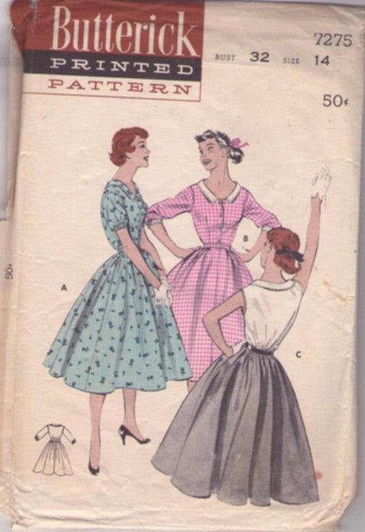Butterick 7275 Vintage 50's Sewing Pattern Shirtwaist Day Dress, Lucy Rockabilly, 3 Flared Styles Size 14