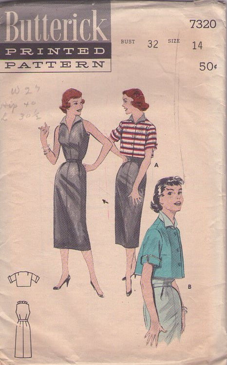 Butterick 7320 Vintage 50's Sewing Pattern Rockabilly Dress, Marilyn Monroe Looks, Wing Collar Sheath Wiggle Dress, Cropped Bolero Topper Jacket Size 14