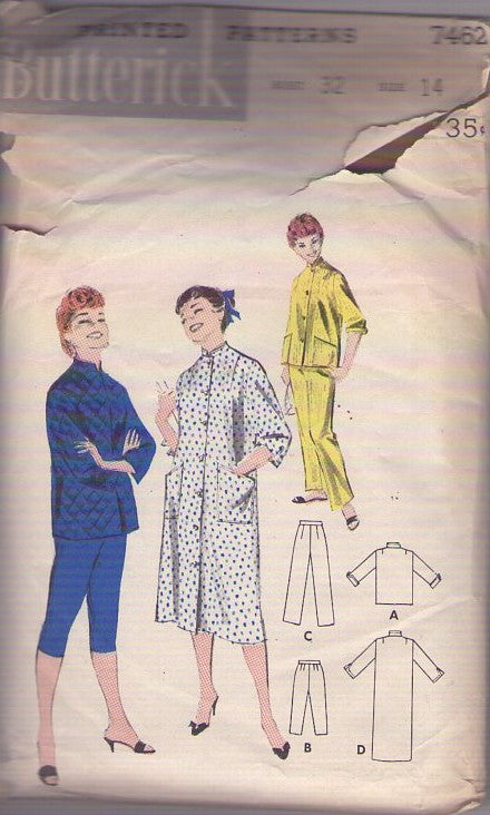 Butterick 7462 Vintage 50's Sewing Pattern Rockabilly Lounge Wear, Quilted Jacket, Capri Pants, Duster House Coat, Pajamas Size 14