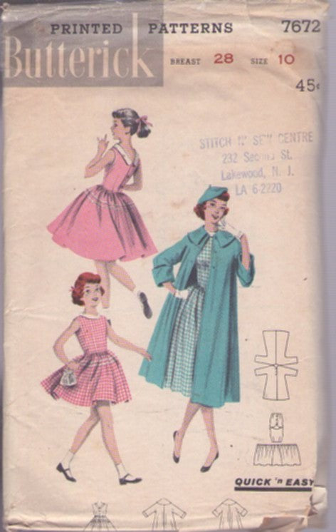 Butterick 7672 Vintage 50's Sewing Pattern Girls' Dresses, Summer Party Dress, V Back & Flat Pilgrim Collar Swingback Jacket, Flared Coat Size 10