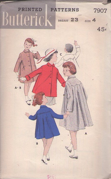 Butterick 7907 Vintage 50's Sewing Pattern Girls' Coats, Flared Swing Back Coat, Topper Jacket Set, 3 Styles Size 4