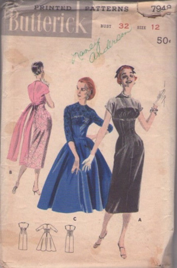 Butterick 7948 Vintage 50's Sewing Pattern Cocktail Party Dress, Rockabilly Sheath, Lucy Styles, Sheer Empire Bust Size 12