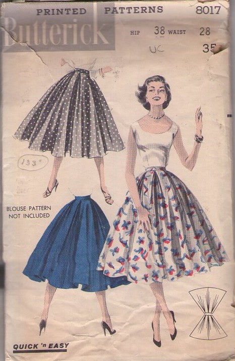 Butterick 8017 Vintage 50's Sewing Pattern Circle Skirt, Quick N Easy, Rockabilly Cluster Pleats, Full Circular Skirt, 3 Pieces Size 28