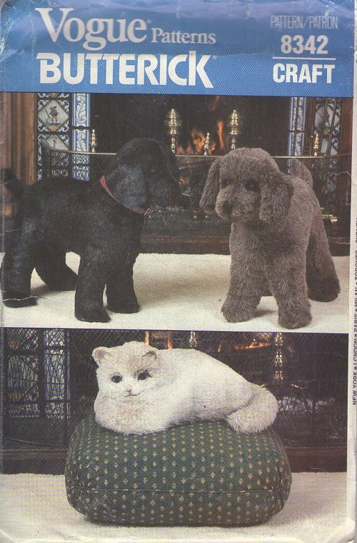 Vogue 8342 Vintage 80's Sewing Pattern Toy Dog or Cat, Butterick Crafts, Stand Up Puppy, Sleeping Kitty Toys
