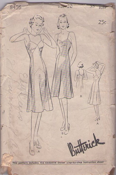Butterick 8456 Vintage 30's Sewing Pattern Full Dress Slip Set, Diamond Cups, Bias and Shadow Panel Options Size 20