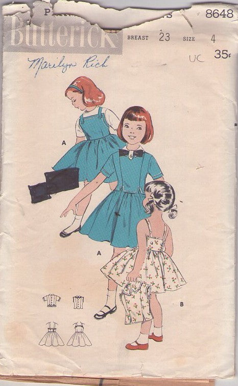 Butterick 8648 Vintage 50's Sewing Pattern Girl's Sun Dress, Suspender Bib Skirt, Jacket Blouse Top, Size 4