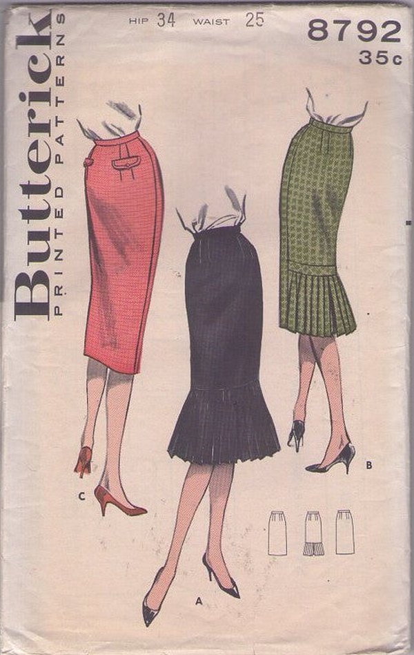 Butterick 8792 Vintage 50's Sewing Pattern Rockabilly Skirts, Pinup Girl, Firecracker Flounce Sheath Skirt 3 Styles Waist 25