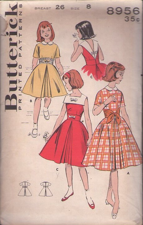 Butterick 8956 Vintage 50's Sewing Pattern Girls' Dress, Modest School Days, Front Inverted Pleat Inset & Midriff Interest School Party Dress, 3 Styles Size 8
