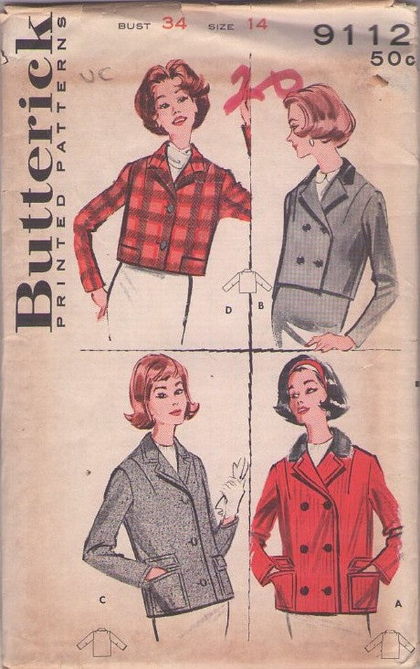 Butterick 9112 Vintage 50's Sewing Pattern Jacket Wardrobe, Car Coat, Cropped Versions, 4 Styles Size 14