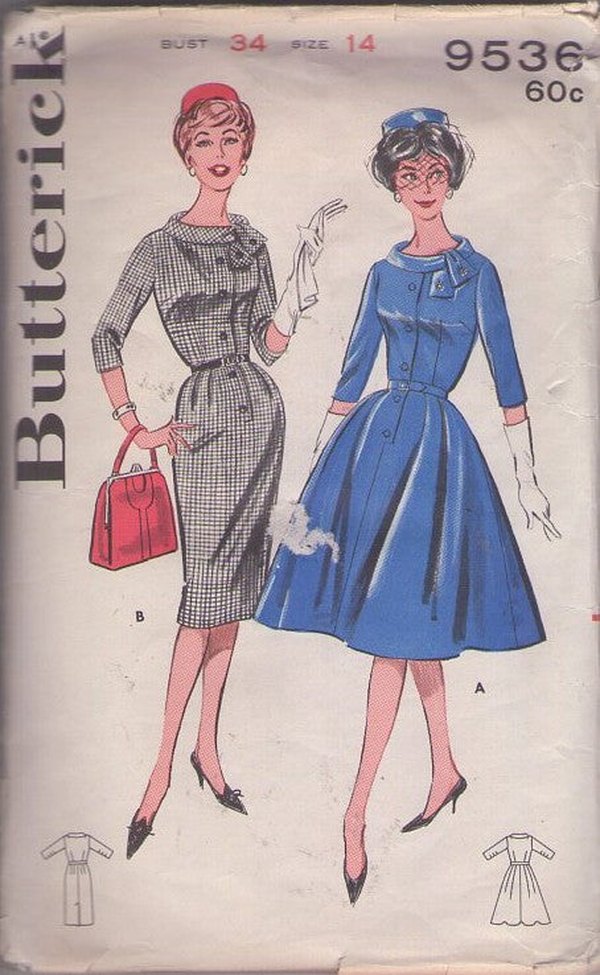Butterick 9536 Vintage 60's Sewing Pattern Rockabilly Dress, Tie Scarf Collar, Button Front, 2 Styles Size 14