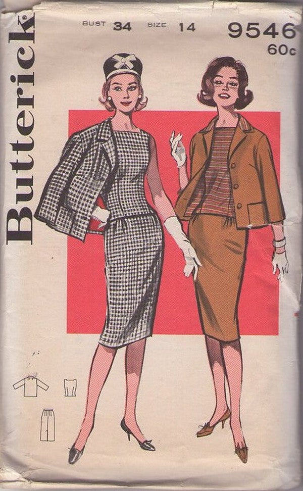 Butterick 9546 Vintage 60's Sewing Pattern Rockabilly Suit Separates, Fitted Bateau Top, Sheath Skirt, Jacket Size 14
