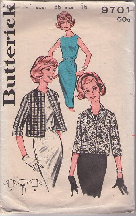 Butterick 9701 Vintage 60's Sewing Pattern Rockabilly Sheath Dress, Cropped Jacket, 2 Styles Size 16