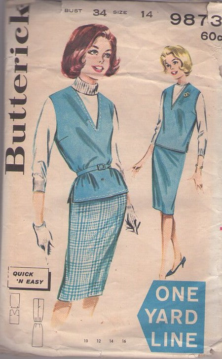 Butterick 9873 Vintage 60's Sewing Pattern Secretary Separates, Easy One Yard Line, Deep V Neck Overblouse Vest Top & Slim Skirt Size 14