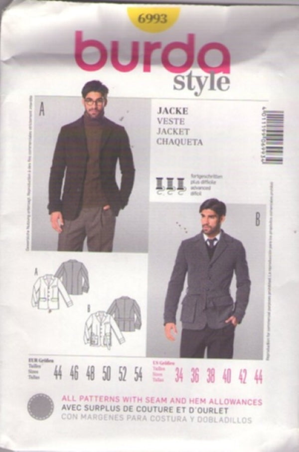 Burda 6993 Retro 2014 Sewing Pattern Men's Sports Jacket, Belted Coat, 2 Styles Size 34-44