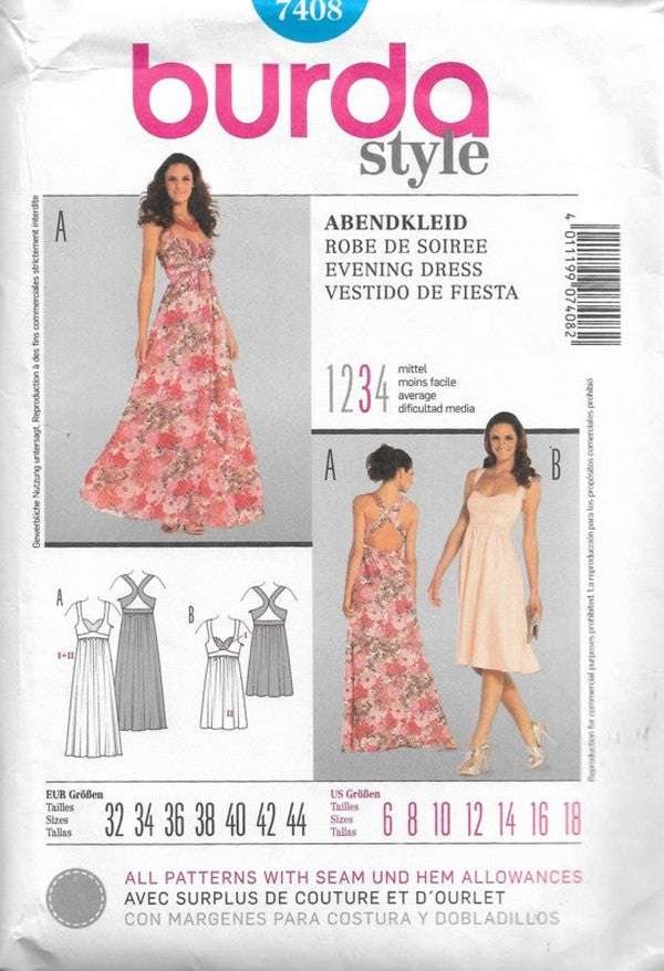 Burda 7408 Retro 2011 Sewing Pattern Summer Evening Dress, Back Strap Details, Cruise, Party, 2 Styles Size 6-18