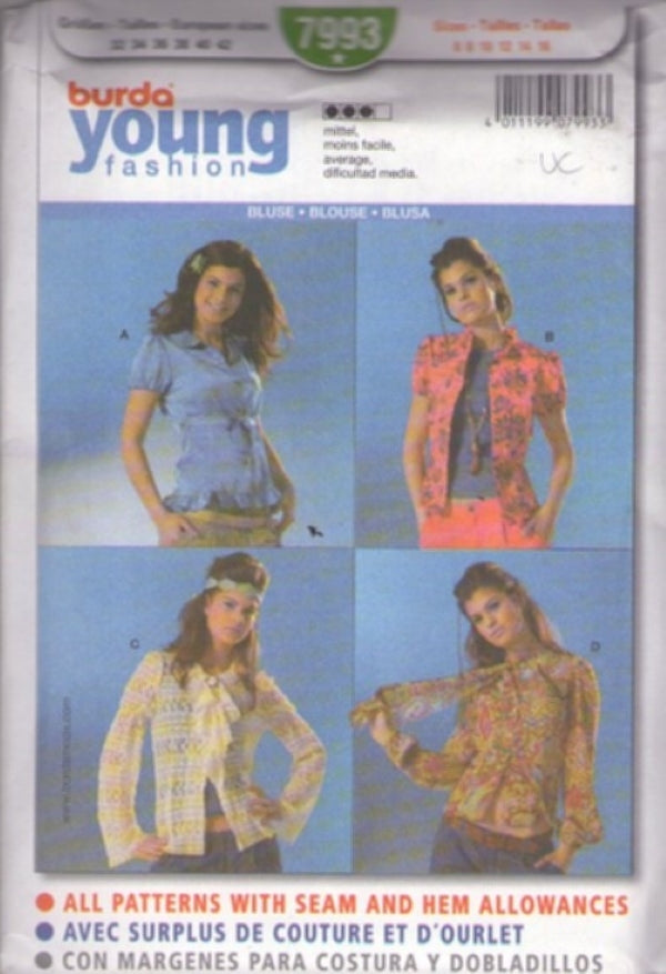 Burda 7993 Vintage 80's Sewing Pattern Young Fashion Blouse Set, Hippie Boho Styles, Lace, Puff Sleeve, 4 Styles Size 6-16