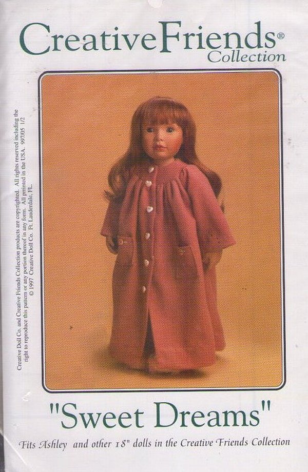 Creative Friends Collection Retro 90's Sewing Pattern Doll Clothes, Sweet Dreams Ashley & American Girl Style 18 Doll Nightgown & Bath Robe Size 18"