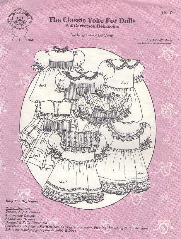 Pat Garretson Heirlooms 101 D Vintage 90's Sewing Pattern The Classic Yoke for Dolls, Dress, Slip, Panties, Smocking, Shadowork Designs 18-20" Dolls