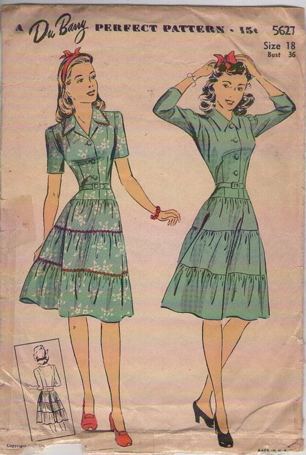 DuBarry 5627 Vintage 40's Sewing Pattern Shirtwaist Dress, Swing Era Collared Drop Waist, Tiered Skirt Day Dress, 2 Styles Size 18